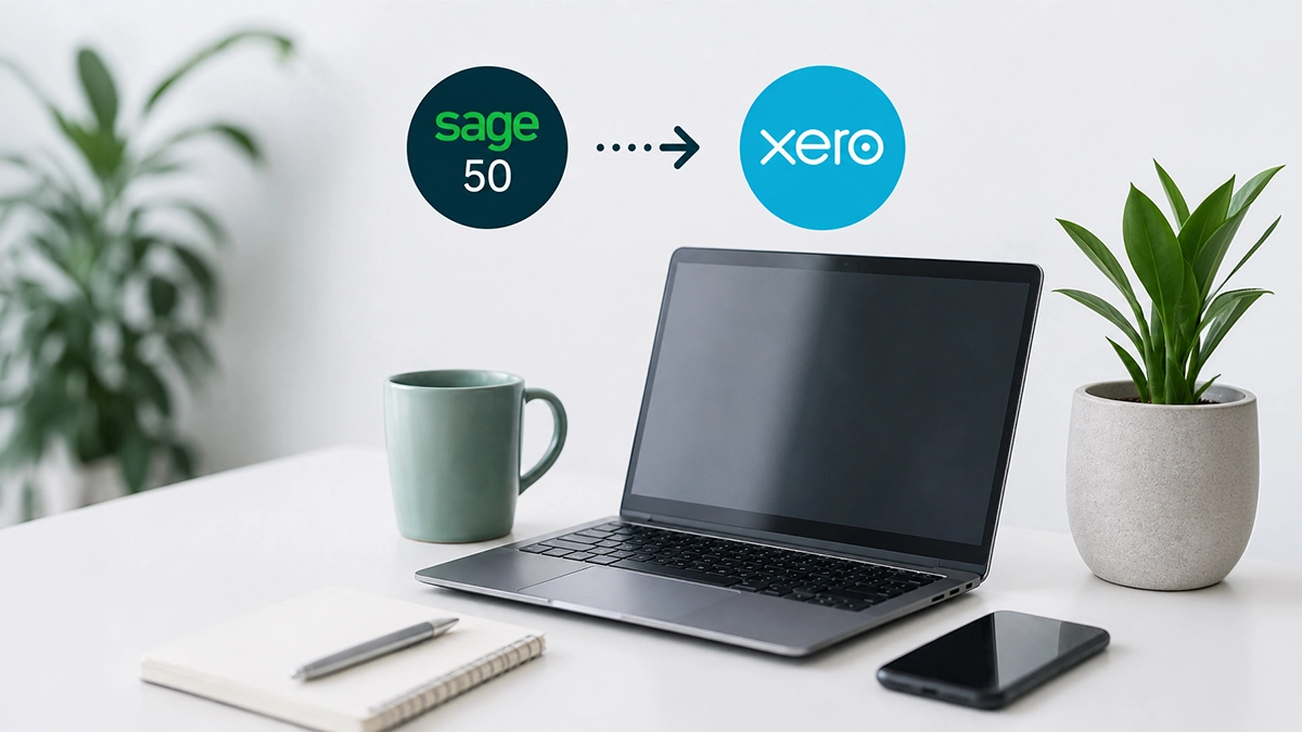 Laptop, mug and notepad on desk with Sage 50 to Xero icon above