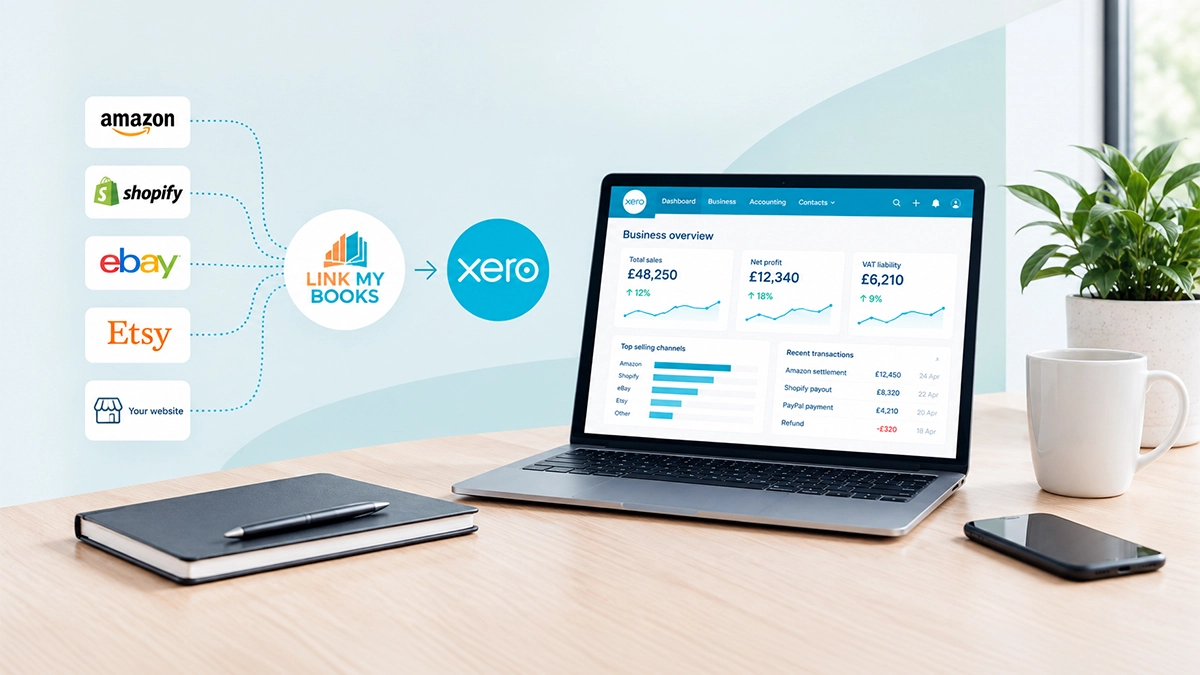 Illustration of e-commerce platforms linking into laptop with Xero software